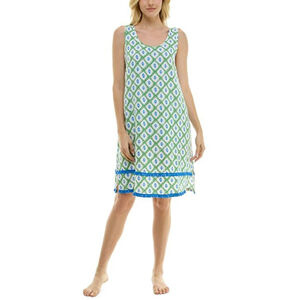 Roudelain Medium White, Green & Blue Printed Tassel-Trim Tank Nightgown NWT